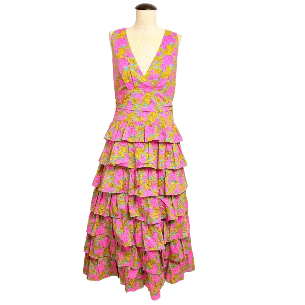 NEW Hyacinth House Pink Yellow Floral Tiered Ruffle Maxi Dress Small Cotton